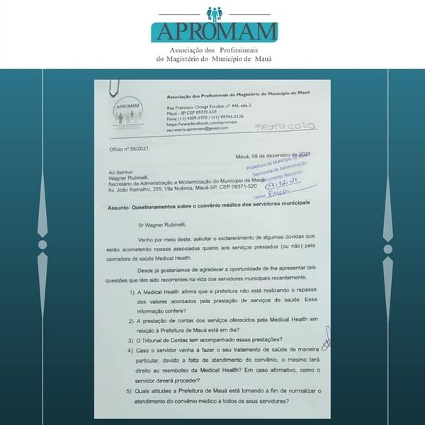 Leia mais sobre o artigo A APROMAM entrega questionamentos à secretaria de administração sobre o convênio médico dos servidores municipais.