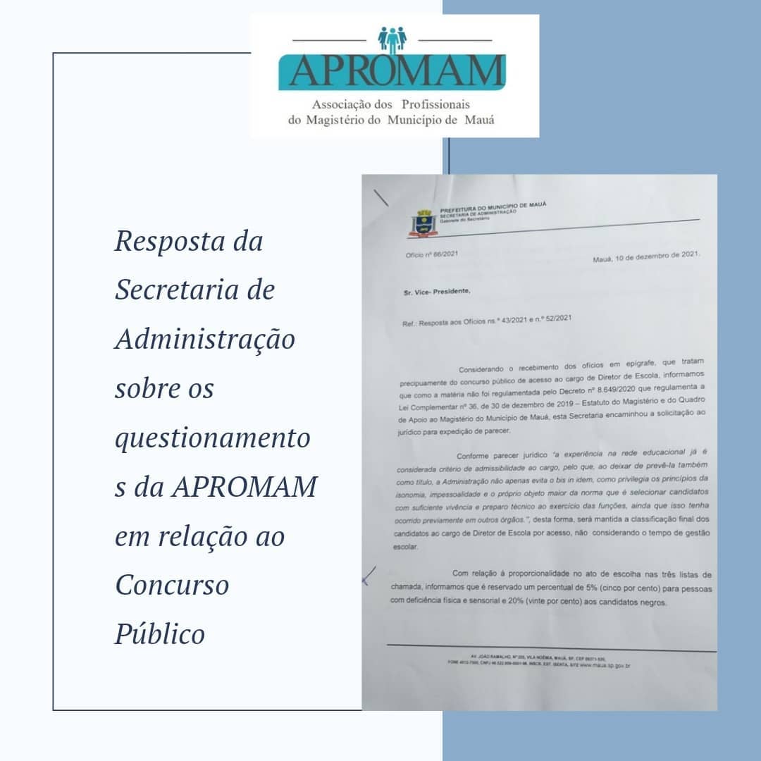 Leia mais sobre o artigo Resposta da Secretaria de Administração sobre os questionamentos da APROMAM em relação ao Concurso Público.