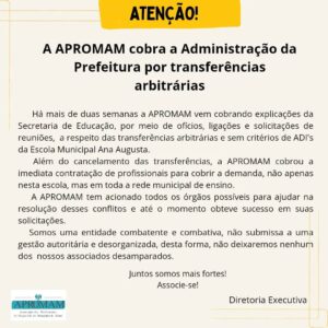 Leia mais sobre o artigo A APROMAM cobra Administração da Prefeitura por transferências arbitrárias