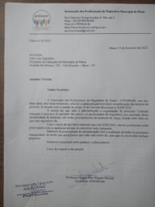 Leia mais sobre o artigo Hoje protocolamos dois ofícios na Secretaria de Educação. Um solicitando brevidade no processo de permuta, para que nenhum profissional tenha prejuizo e outro requerendo a adequação dos salários dos profissionais do magistério em relação a Lei Nacional do Piso dos profissionais do Magistério público da Educação Básica.