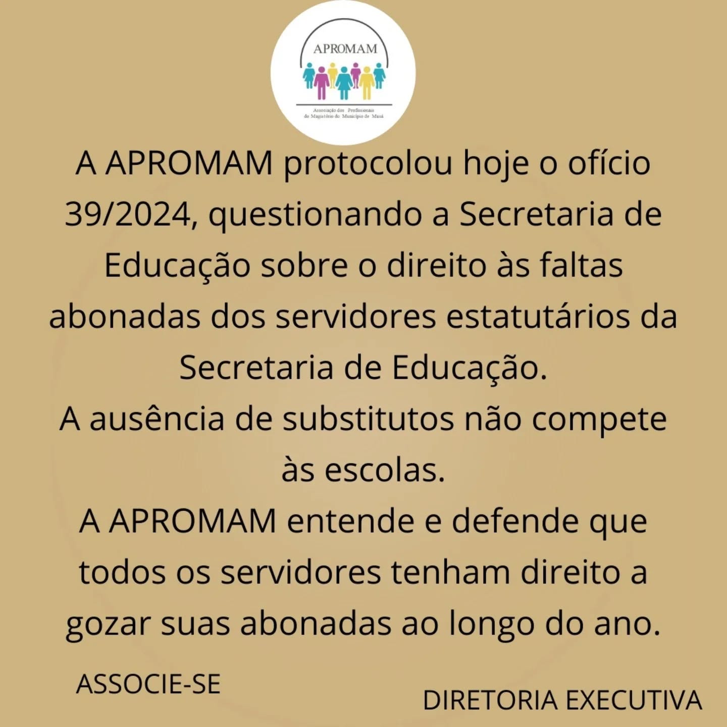 Leia mais sobre o artigo A APROMAM protocolou na data de hoje o ofício 39/2024 para que a Secretaria de Educação tome providências acerca do exercício do direito às faltas abonadas pelos servidores estatutários, que por falta de substitutos estão tendo seus pedidos indeferidos. Entendemos e defendemos que todos os servidores tenham o direito a gozar de suas abonadas ao logo do ano.