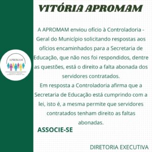 Leia mais sobre o artigo Mais uma vitória APROMAM. Enviamos ofício à Controladoria – Geral do Município solicitando respostas aos ofícios encaminhados para a Secretaria de Educação