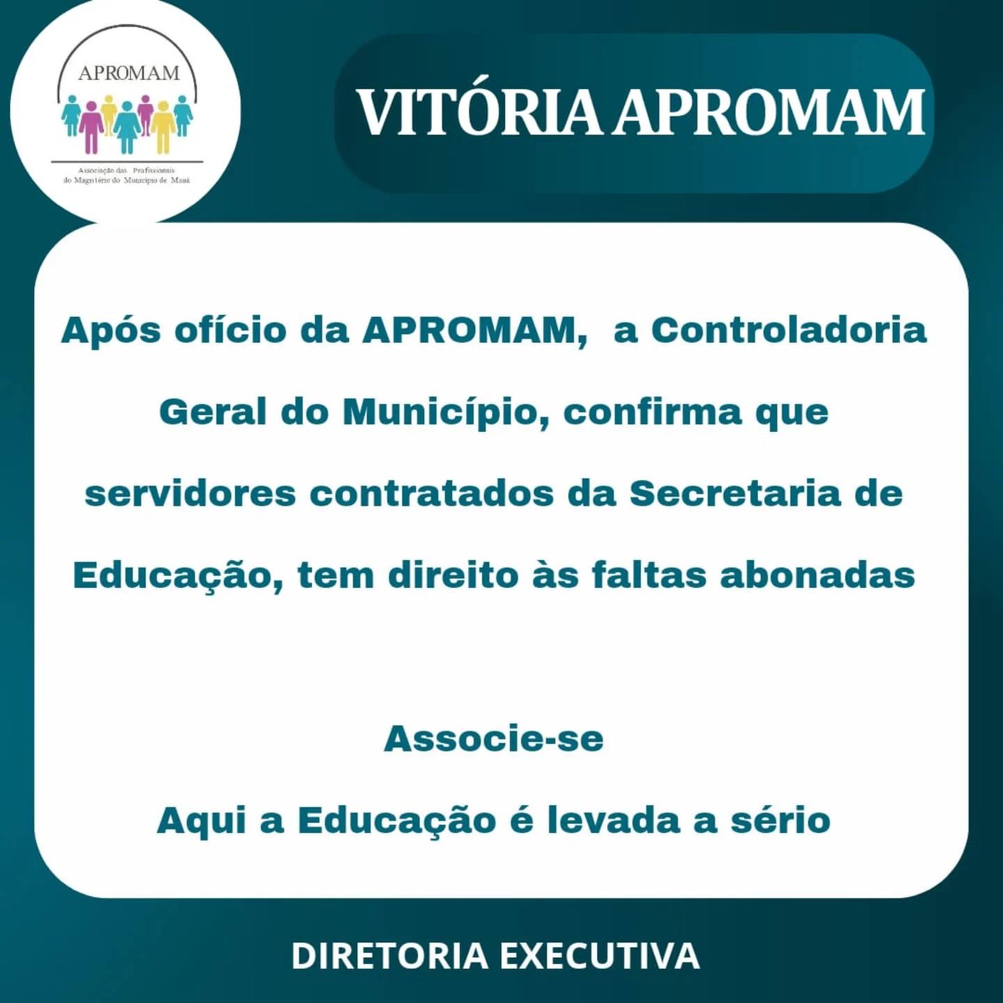 Leia mais sobre o artigo Em resposta ao ofício da APROMAM, a Controladoria Geral do Município confirma que os servidores contratados da Secretaria de Educação, tem direito as faltas abonadas. Mais uma VITÓRIA APROMAM.