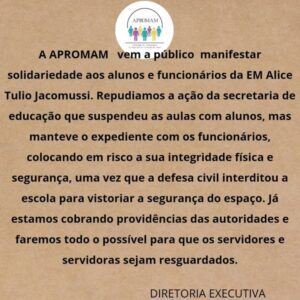 Leia mais sobre o artigo Solidariedade aos alunos e funcionários da E.M. Alice Tulio Jacomussi